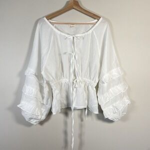 Pink Ripple Women's Ruffle Boho Top Size M Blouse Balloon Sleeves Festival White